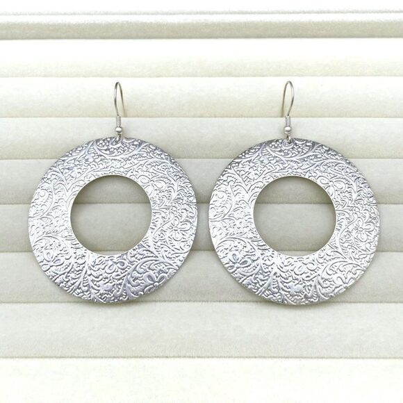 Silver Cut Out Round Floral Embossed Textured Open Hoop Dangling Hook Earrings - Picture 3 of 8